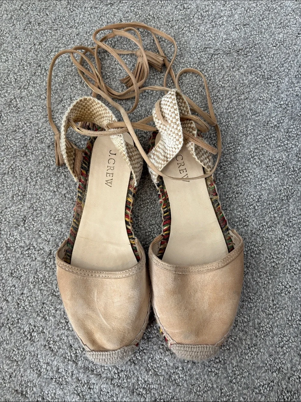 J. Crew Beige Baja Suede Wrap Tie Espadrille with Multicolor Braided Sole